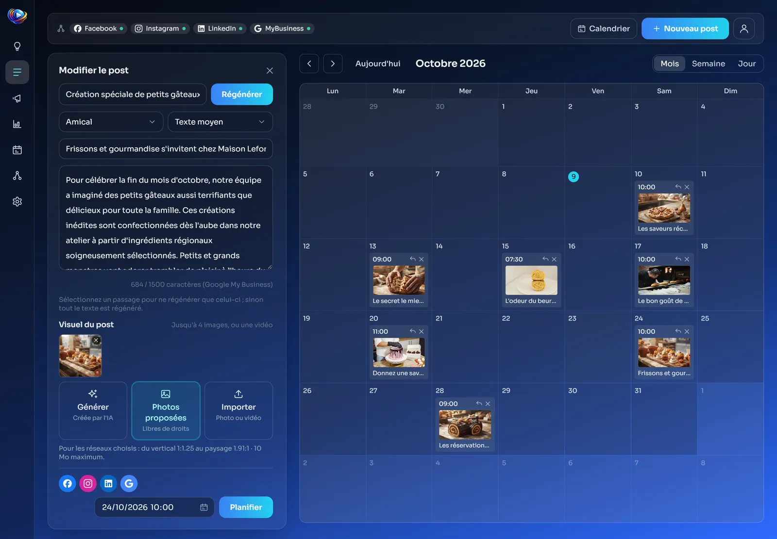 L'éditeur de Pilot Box : un post rédigé, son visuel, les réseaux et la date de publication