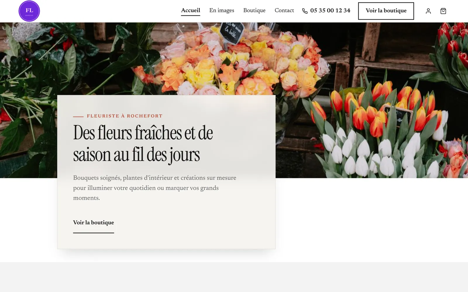 Site internet de Fleurs de Lune, fleuriste à Rochefort, créé par Pilot Box Web