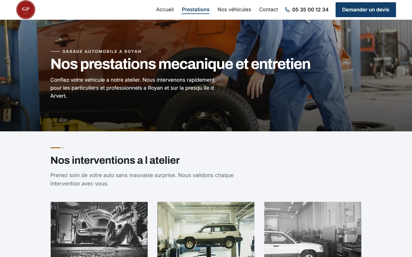 Une page intérieure du site de Garage du Pont