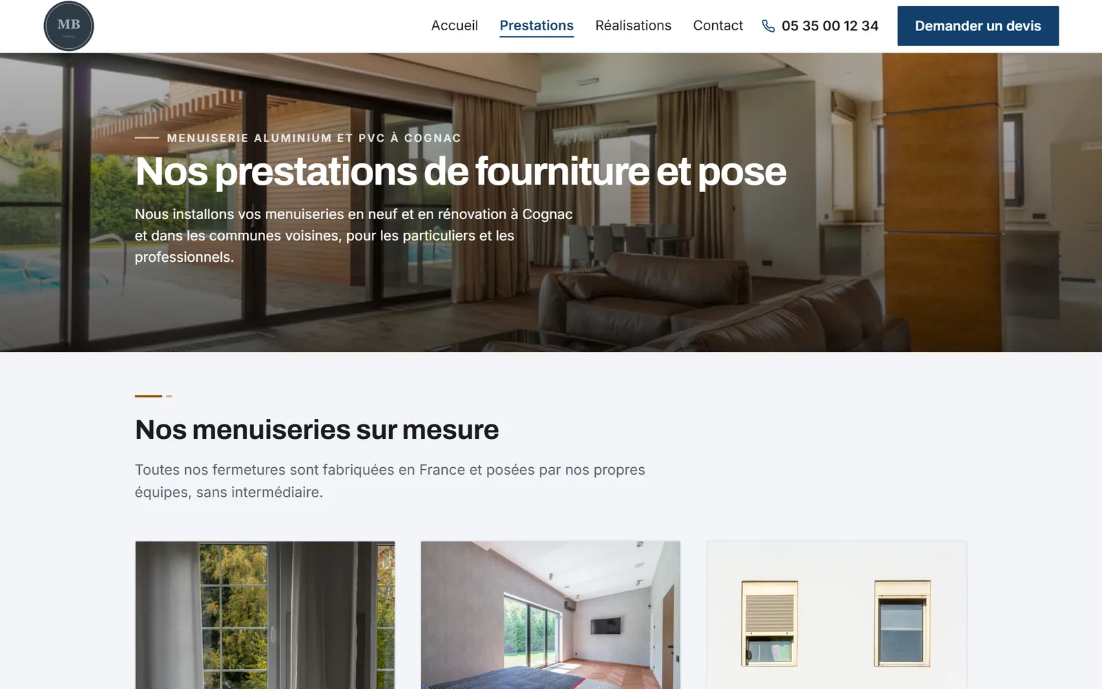 Une page intérieure du site de Menuiseries Bertin