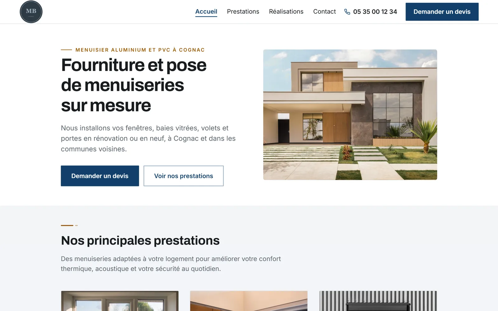Site internet de Menuiseries Bertin, menuisier alu et PVC à Cognac, créé par Pilot Box Web