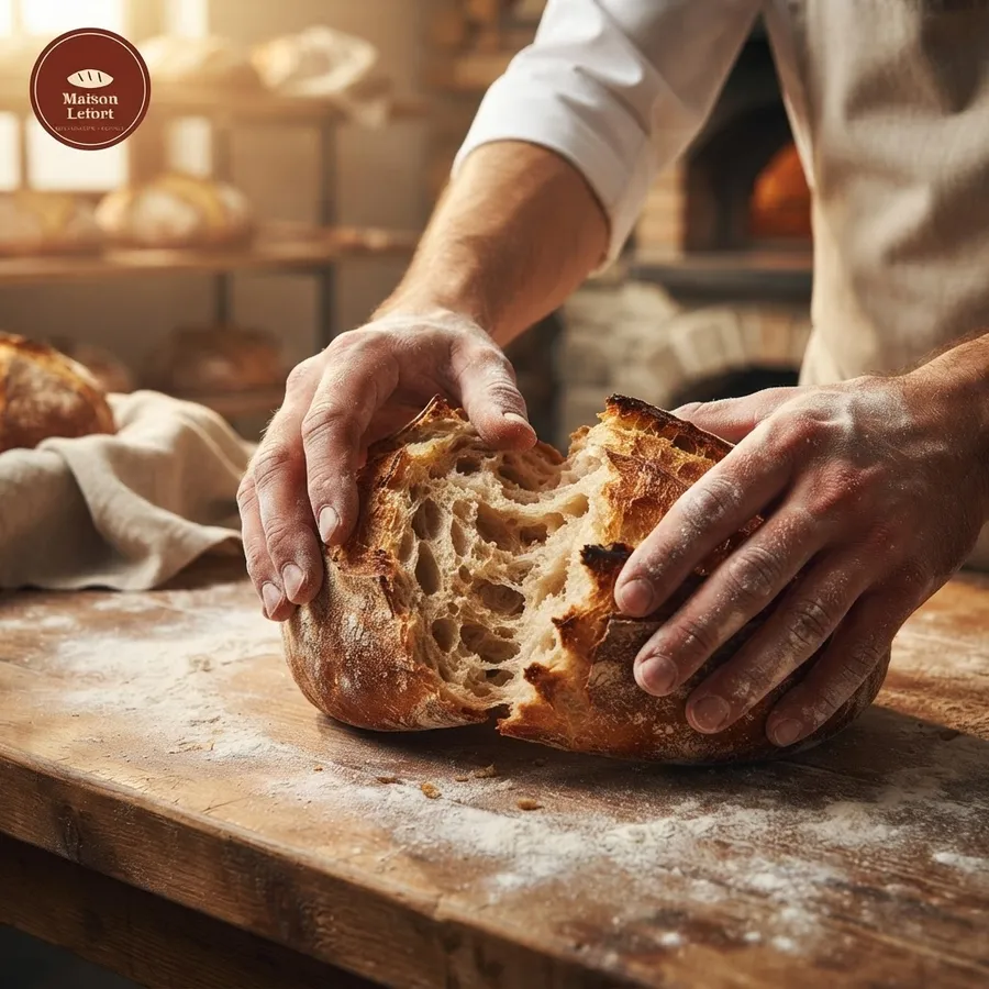 Mains rompant une miche au levain