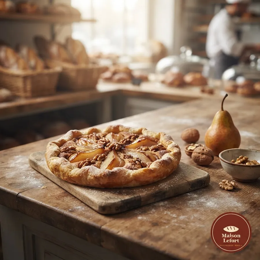 Visuel généré : tarte aux poires et aux noix, avec le logo de la boulangerie