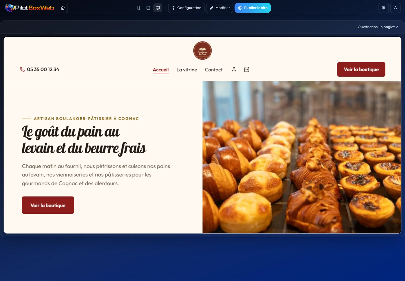 Le site créé, dans l'éditeur de Pilot Box Web