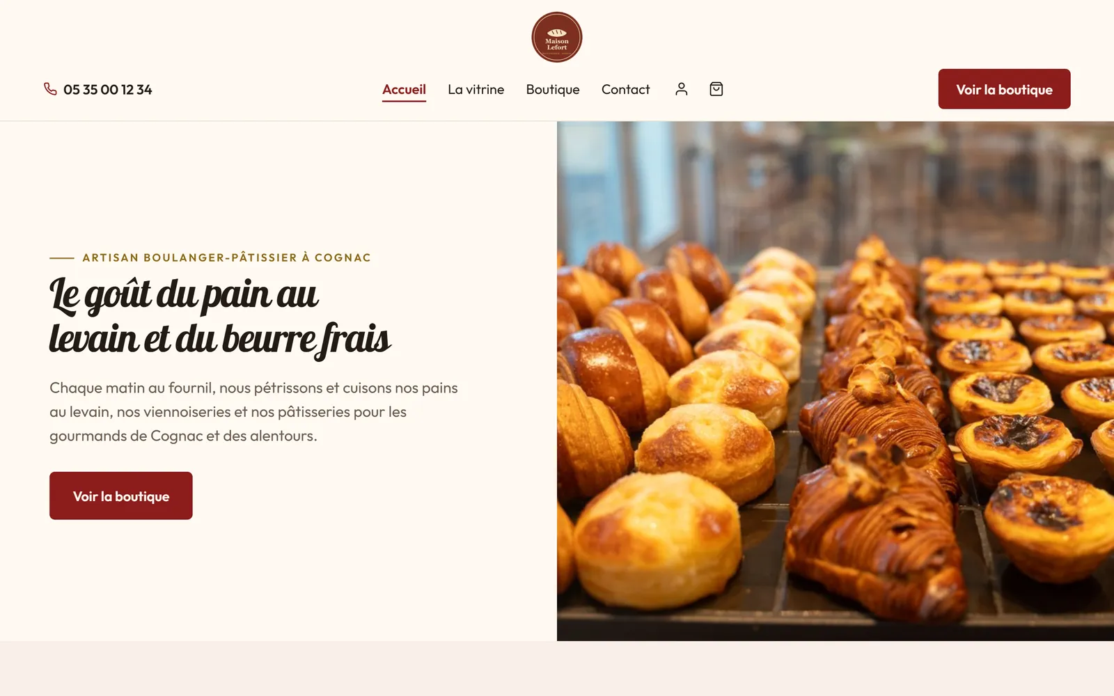 Page d'accueil du site de la boulangerie Maison Lefort, créé par Pilot Box Web