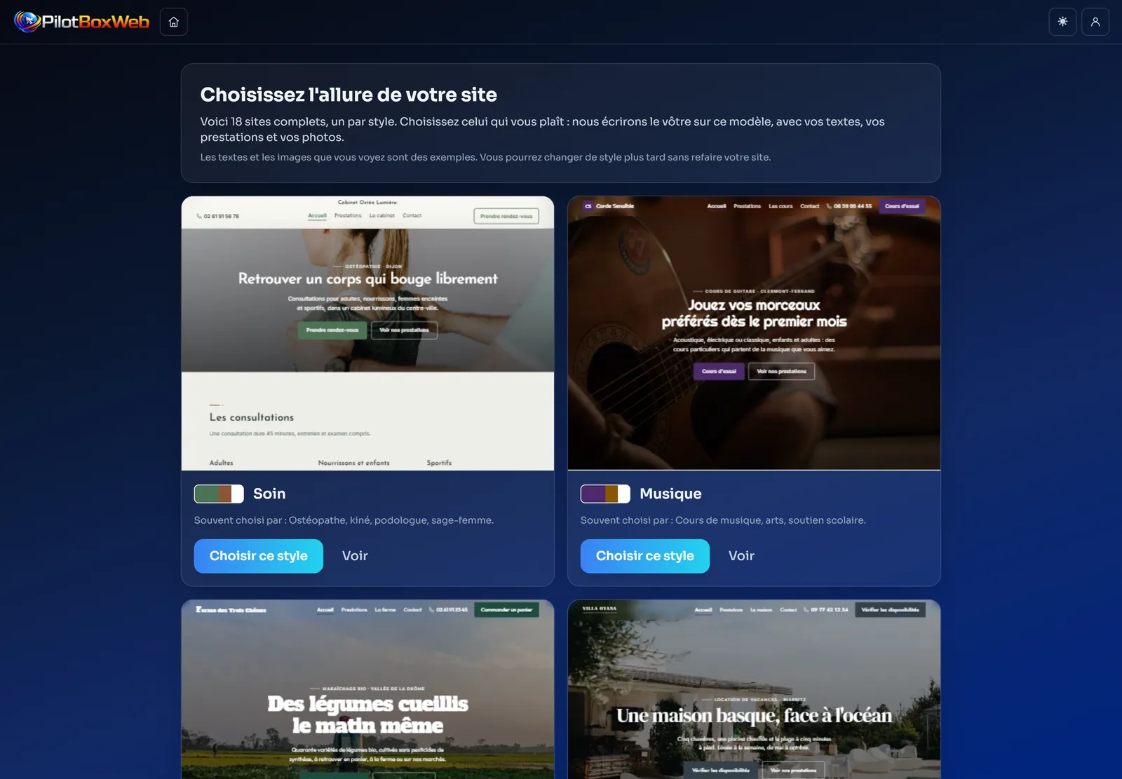 Le choix parmi dix-huit styles de site
